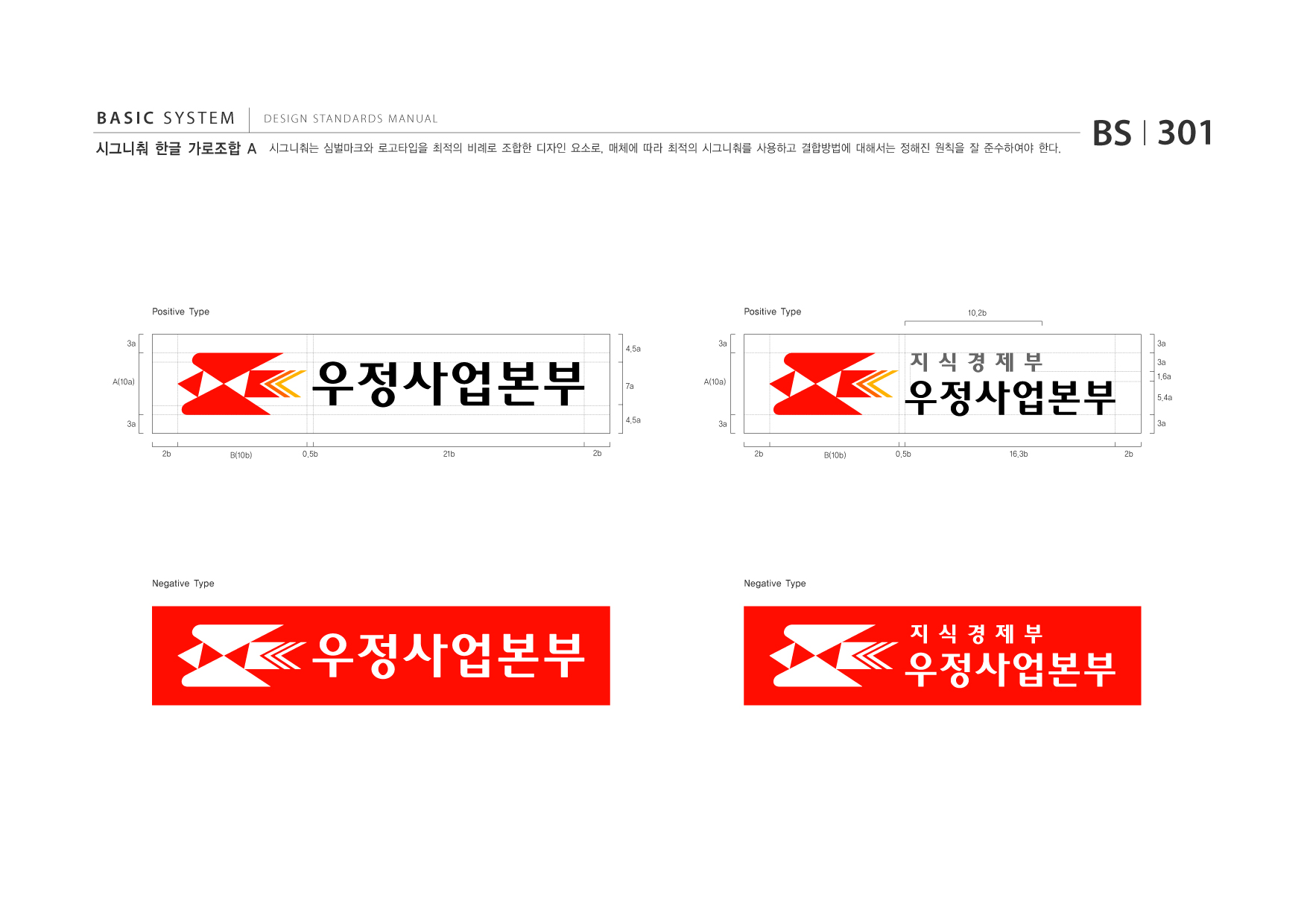 BASIC SYSTEM 시그니춰 한글 가로조합 A  DESIGN STANDARDS MANUAL  시그니춰는 심벌마크와 로고타입을 최적의 비례로 조합한 디자인 요소로, 매체에 따라 최적의 시그니춰를 사용하고 결합방법에 대해서는 정해진 원칙을 잘 준수하여야 한다.  BS I 301  Positive Type 3a 3a  Positive Type  10.2b 3a 3a  4.5a  A(10a)  7a  A(10a)  1.6a 5.4a  3a 2b 0.5b 21b 2b  4.5a  3a 2b 0.5b 16.3b 2b  3a  B(10b)  B(10b)  Negative Type  Negative Type